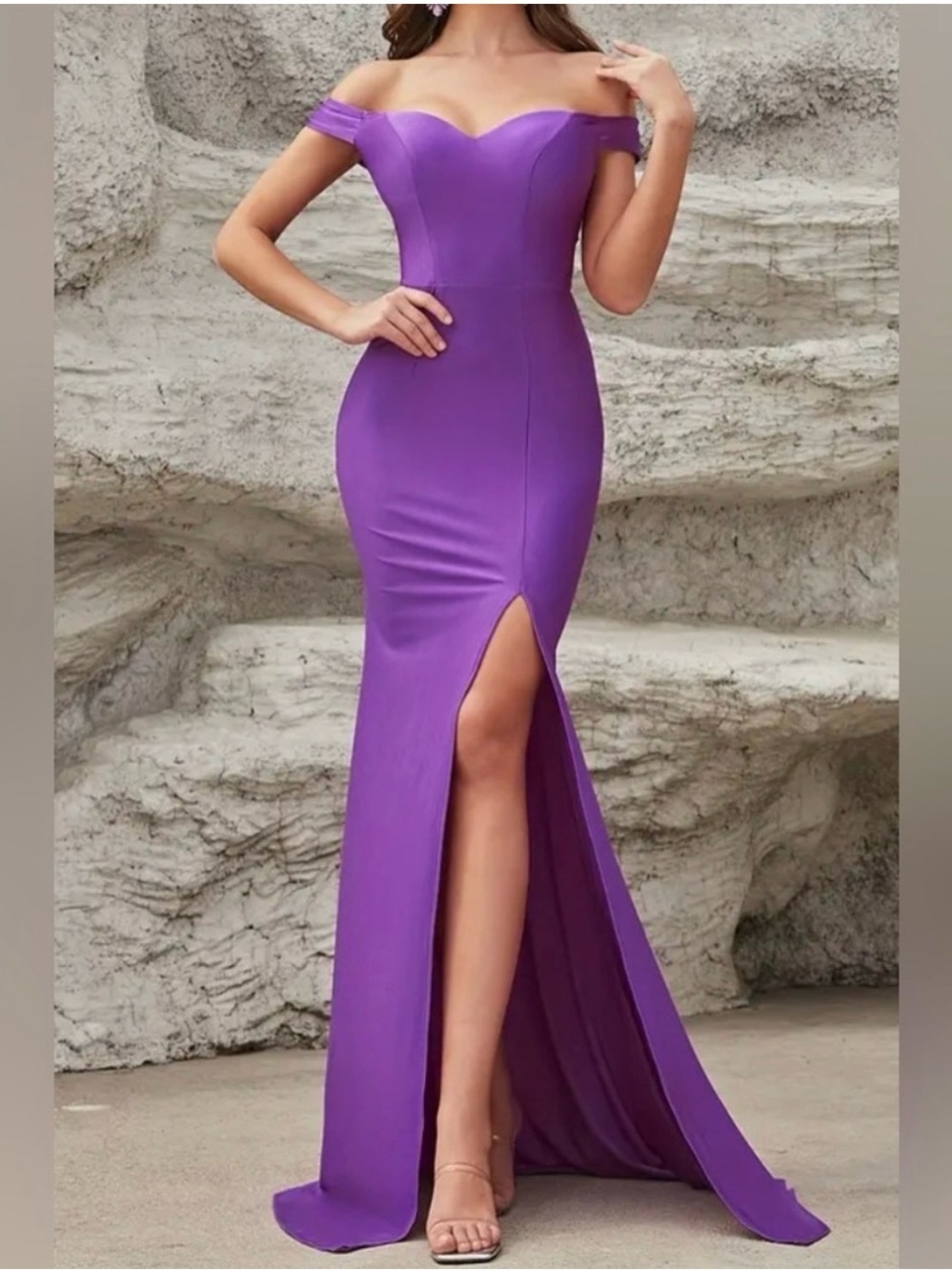 Off-Shoulder Purple Evening Gown with Side Slit
